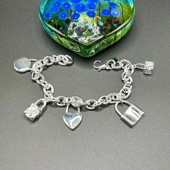 Sterling Silver 925 Chain bracelet with Lock Charms #1226 - Picture 8 of 10